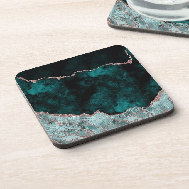 Peacock Green & Rose Gold Agate Marble Wedding Coaster (Left Side)