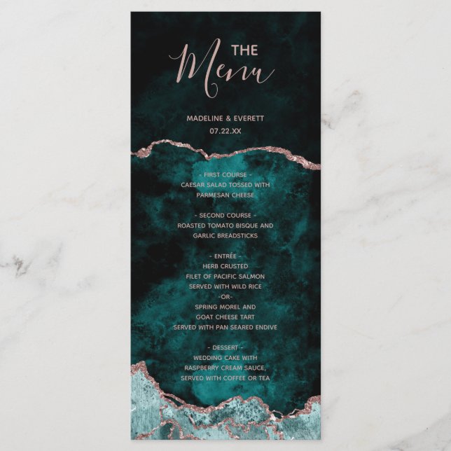 Peacock Green Rose Gold Agate Marbre Mariage Menu (Devant)