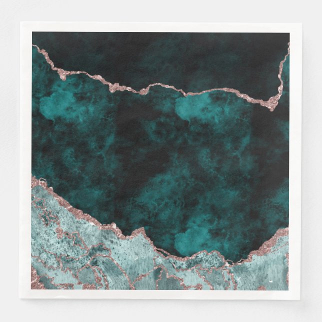 Peacock Green & Rose Gold Agate Watercolor Wedding Napkin (Front)