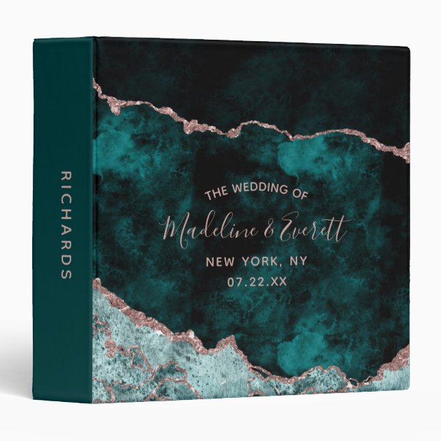 Peacock Green Rose Gold Agate Wedding Photo Album Binder (Front/Spine)
