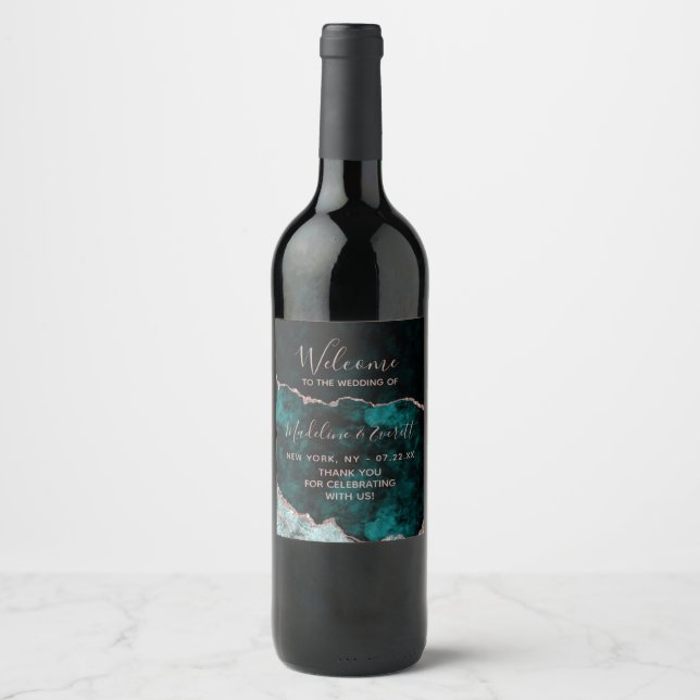 Peacock Green & Rose Gold Agate Wedding Welcome Wine Label (Front)