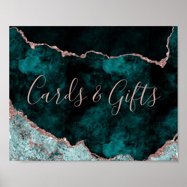 Peacock Green Rose Gold Cards and Gifts Table Sign (Front)