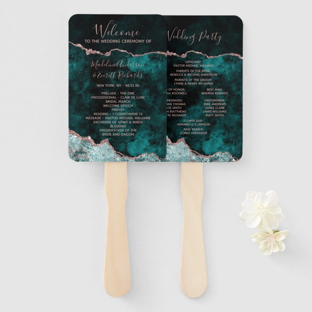 Peacock Green Rose Gold Wedding Ceremony Program Hand Fan (Front and Back)