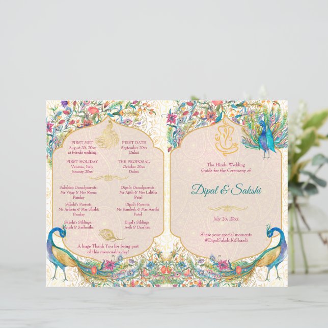 Peacock Hindu wedding details rituals program  (Standing Front)