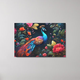Peacock In a Colourful Rose Garden Canvas Print