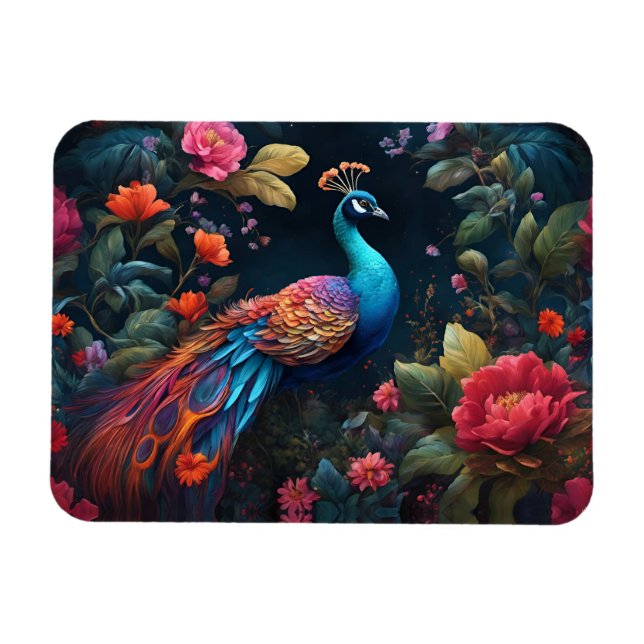 Peacock In a Colourful Rose Garden Magnet (Horizontal)