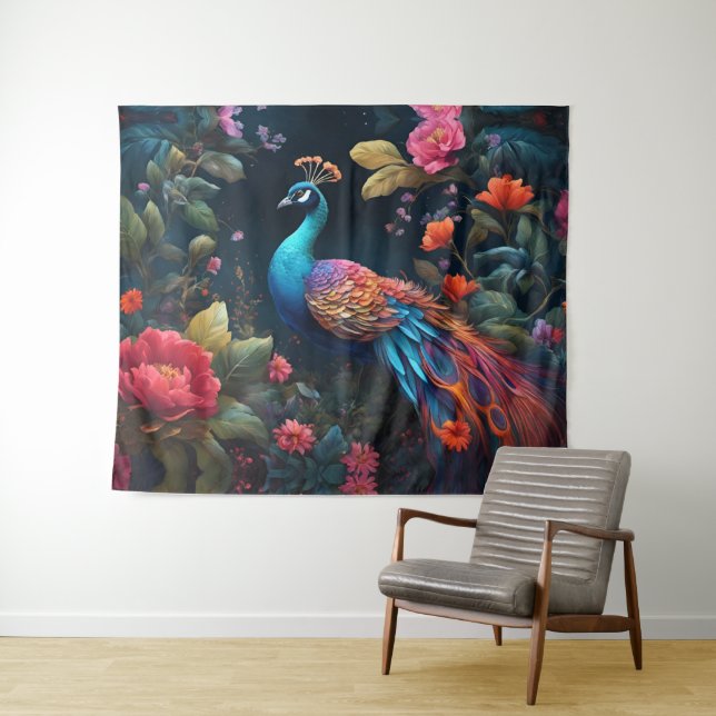 Peacock In a Colourful Rose Garden Tapestry (In Situ (Horizontal))