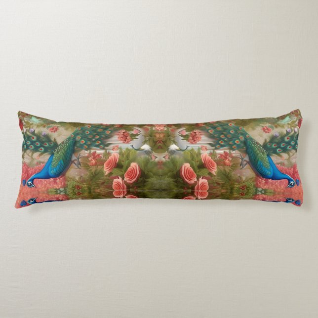 Peacock in Apricot Rose Garden  Body Pillow (Front)