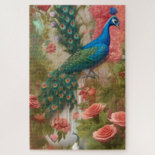 Peacock in Apricot Rose Garden  Jigsaw Puzzle
