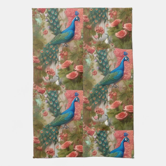 Peacock in Apricot Rose Garden Kitchen Towel (Vertical)