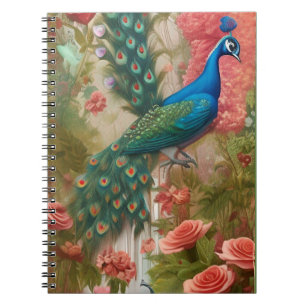 Peacock in Apricot Rose Garden  Notebook
