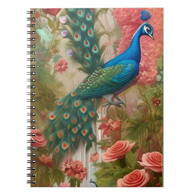 Peacock in Apricot Rose Garden  Notebook (Front)