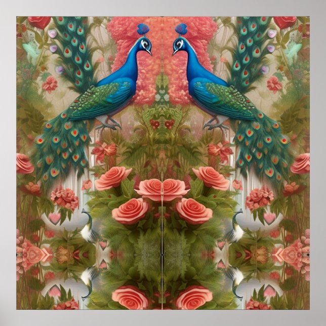 Peacock in Apricot Rose Garden  Poster (Front)