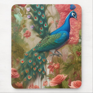 Peacock in Apricot Rose Garden Poster Mouse Pad