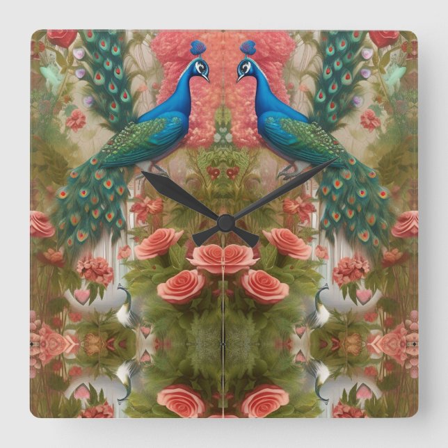 Peacock in Apricot Rose Garden  Square Wall Clock (Front)
