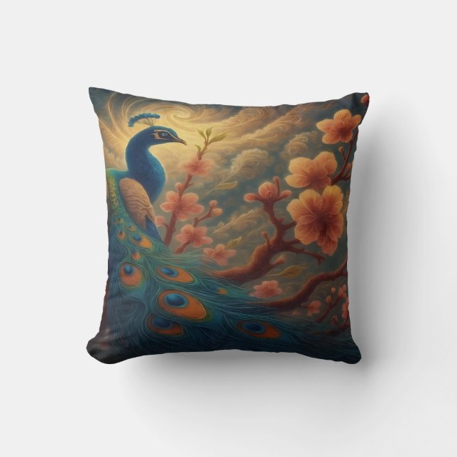Peacock in Blossom Throw Pillow (Front)