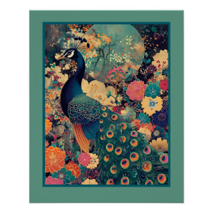 Peacock in floral design with turquoise moon poster