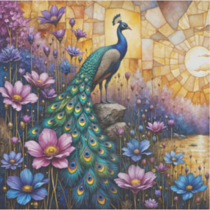 Peacock in Floral Landscape