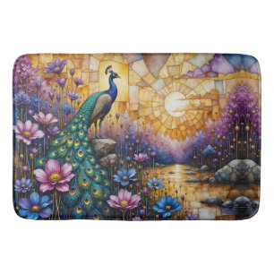 Peacock in Floral Landscape Bath Mat