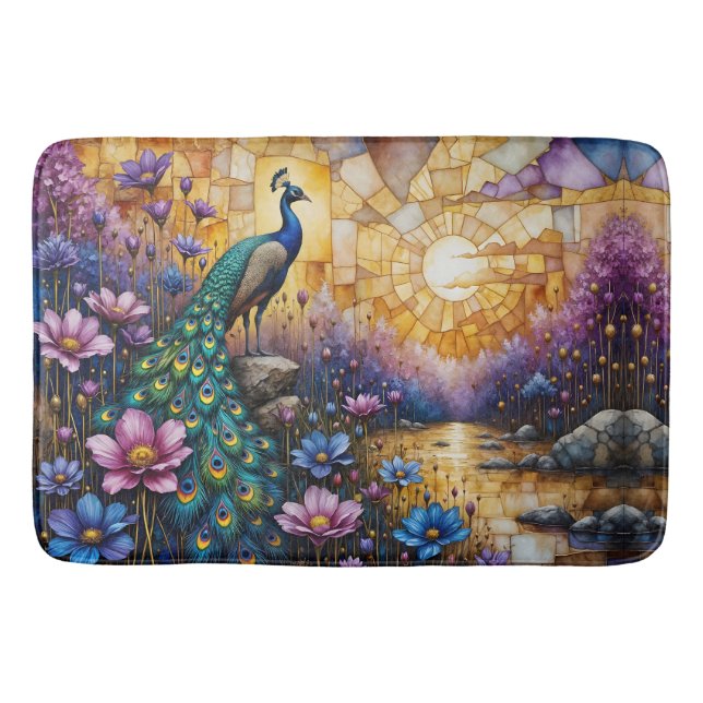 Peacock in Floral Landscape Bath Mat (Front)