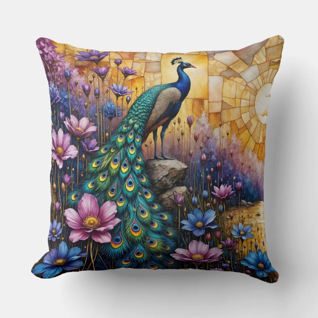 Peacock in Floral Landscape Throw Pillow (Front)
