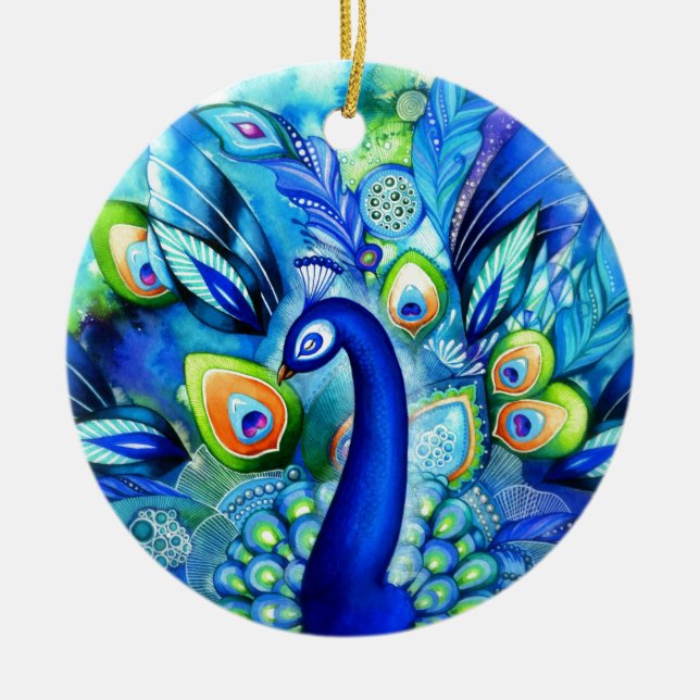 Peacock in Full Bloom Ceramic Ornament (Front)