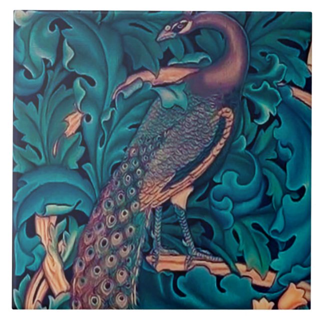 Peacock in The Forest, William Morris Ceramic Tile (Front)