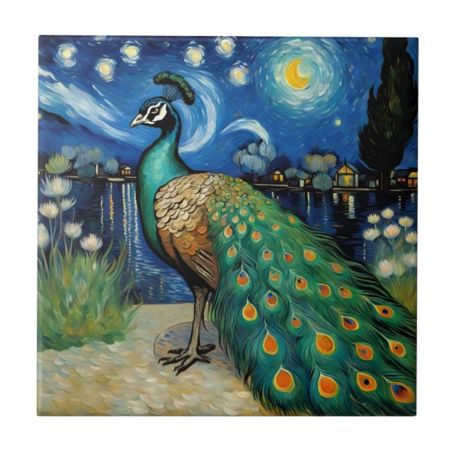 Peacock in the Starry Night by Van Gogh  Tile (Front)