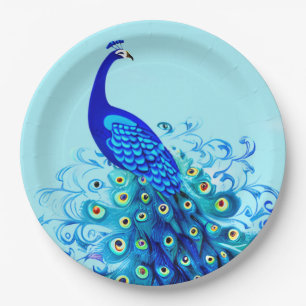 Peacock in Turquoise and Cobalt Blue Paper Plate