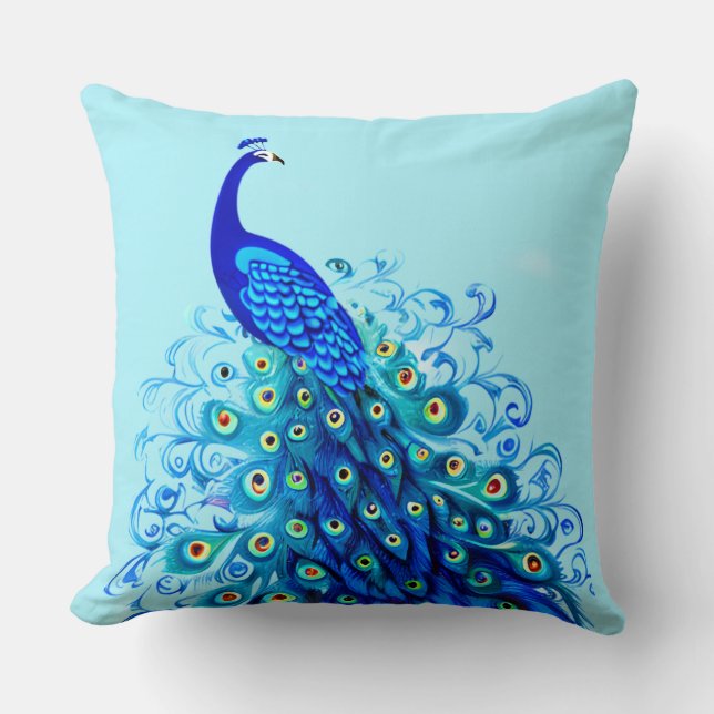 Peacock in Turquoise and Cobalt Blue Throw Pillow (Front)