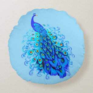 Peacock in Turquoise, Cobalt Blue and Aqua  Round Pillow