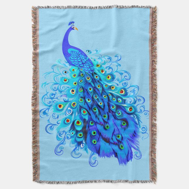 Peacock in Turquoise, Cobalt Blue and Aqua  Throw Blanket (Front Vertical)