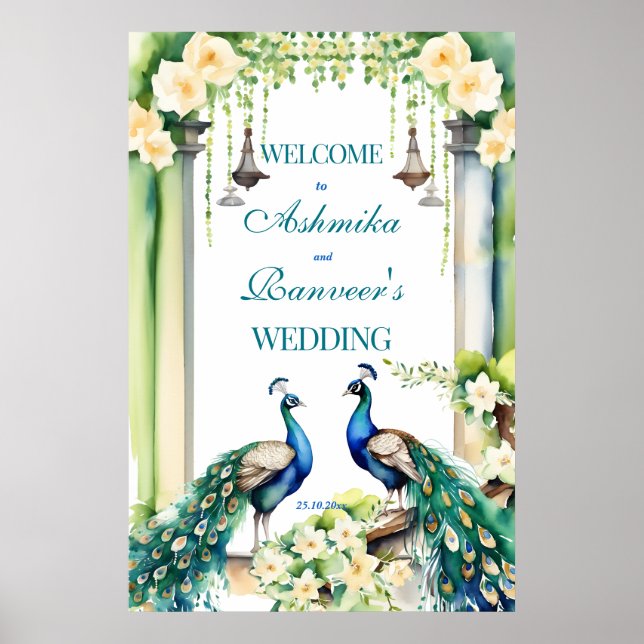 Peacock  jasmine Indian wedding welcome sign (Front)