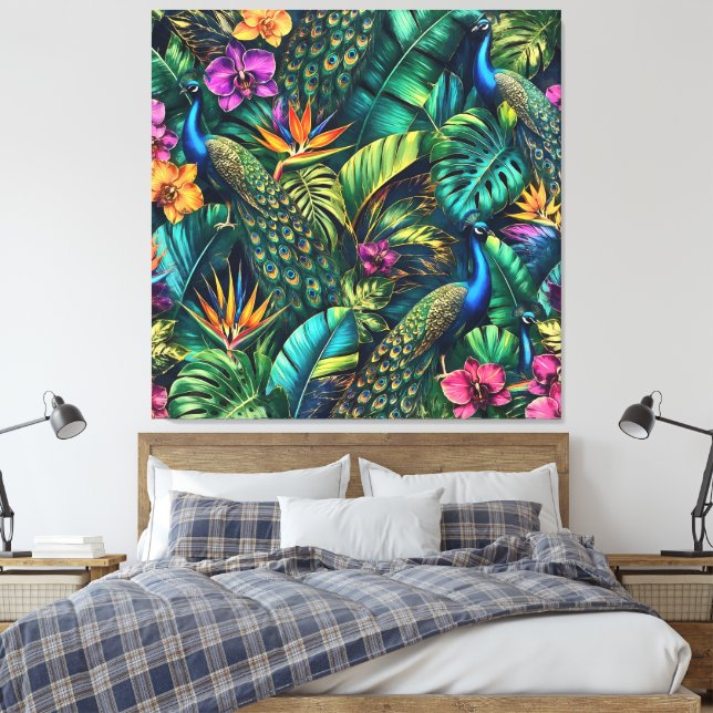 Peacock Jungle Dreams Seamless Surface Pattern Canvas Print (Insitu(Bedroom))