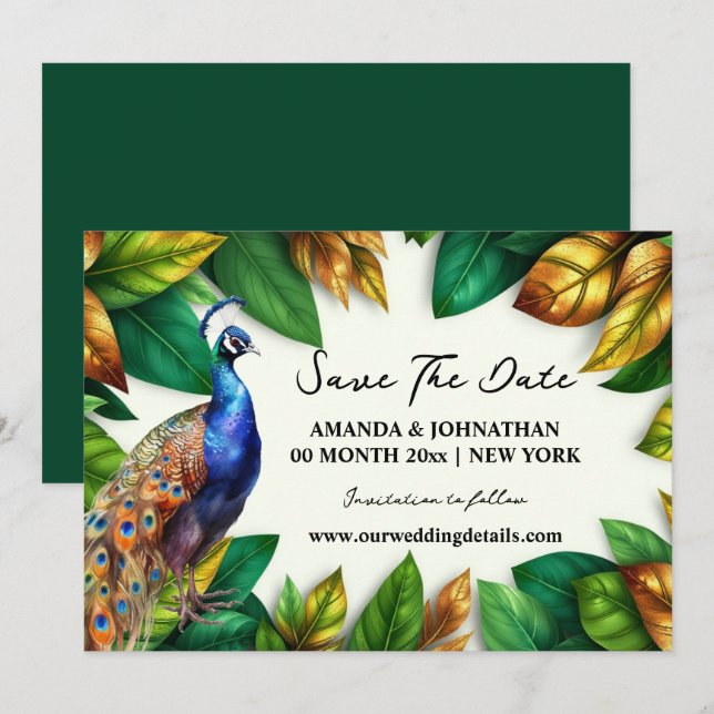 Peacock jungle foliage tropical garden engagement save the date (Front/Back)