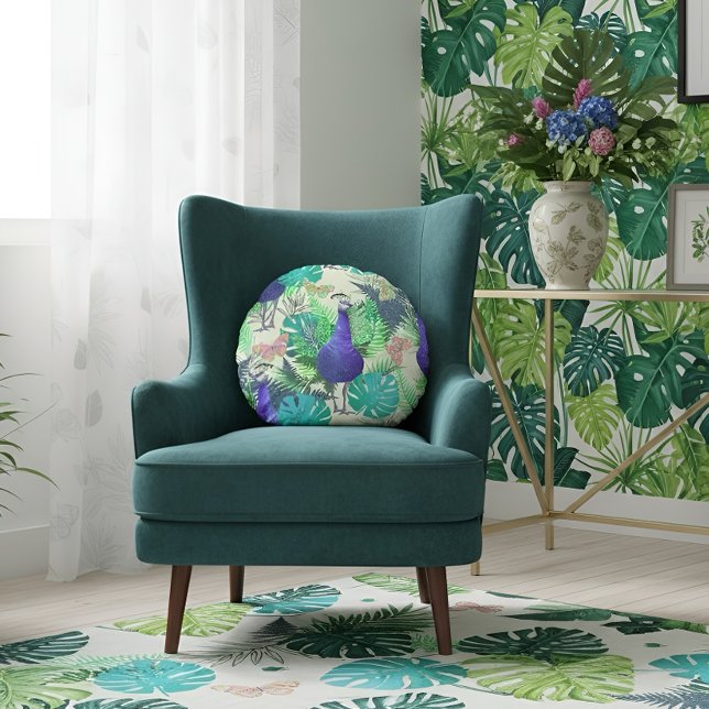Peacock Jungle Round Pillow (Creator Uploaded)