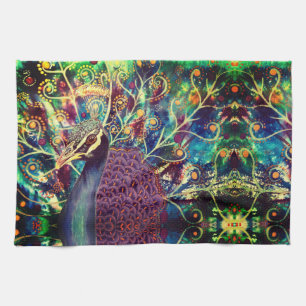 Peacock kaleidoscope colourful boho abstract art  kitchen towel