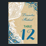 Peacock Lace Elegance 2 Wedding Table Number Card<br><div class="desc">Elegant Peacock and lace wedding Numbered Table card with an Art Nouveau feel. Lovely Aqua and teal tones with white scrolled side panel. Background is a delicate tone on tone lace floral over sand colour. Matching card back. Customize the names and the number on both sides. Other matching items available...</div>