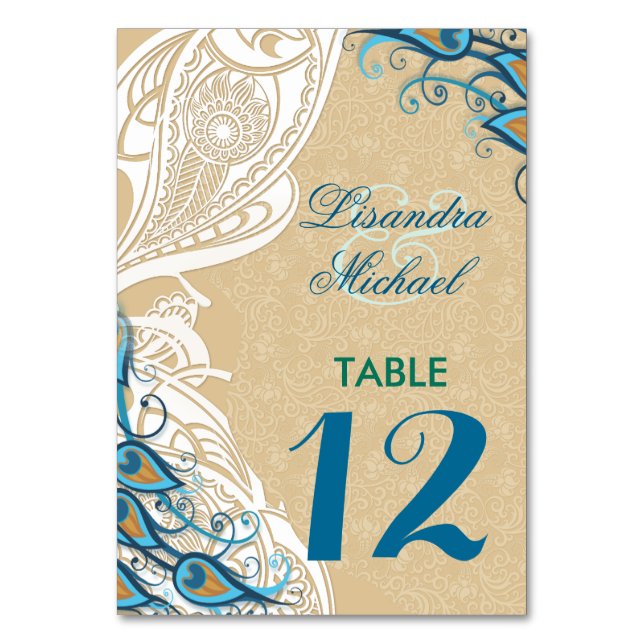 Peacock Lace Elegance 2 Wedding Table Number Card (Front)