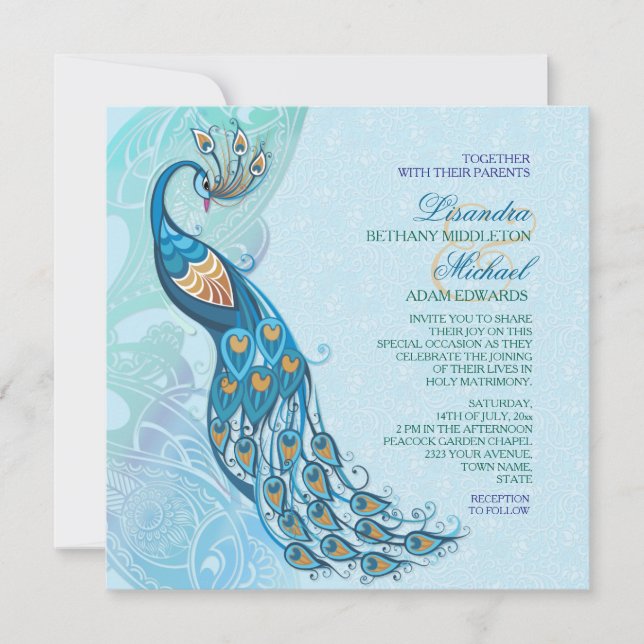 Peacock Lace Elegance Faire-part de mariage (Devant)