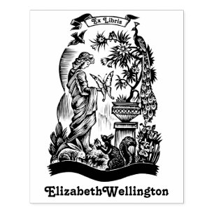 Peacock, Lady, Butterfly, Rabbit Ex Libris Book Rubber Stamp