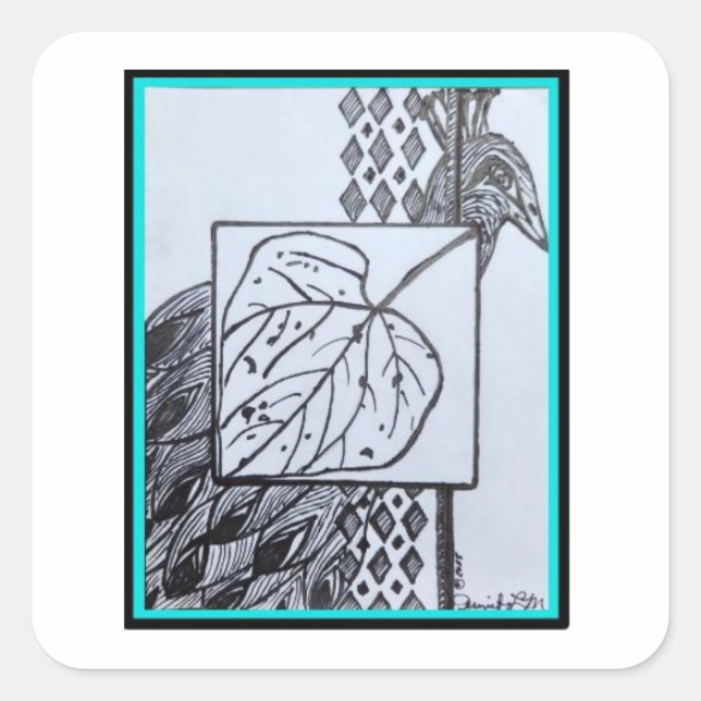 Peacock & Leaf Sticker -Blk & Turquoise (Devant)