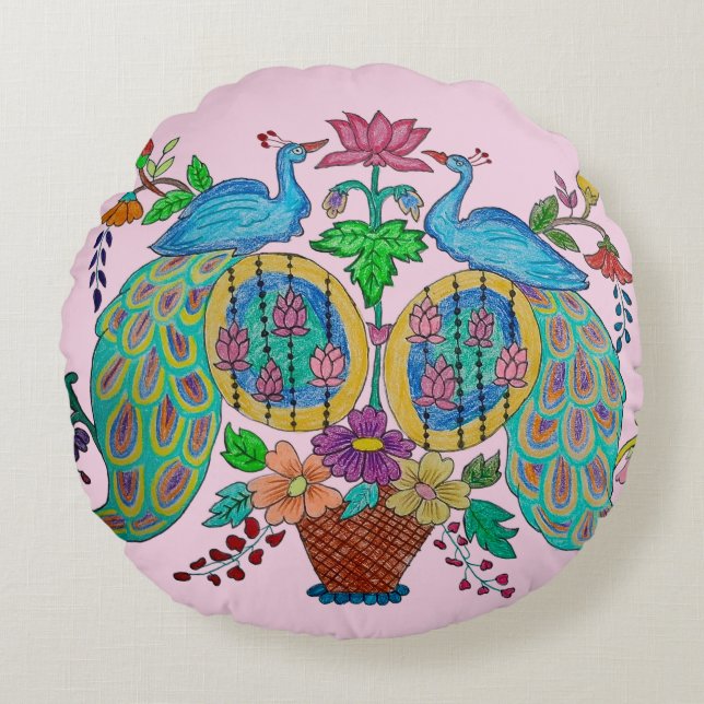 Peacock Lotus Folk Art  Round Pillow (Front)