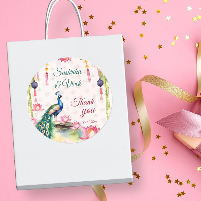 Peacock lotus Indian wedding thank you favour Classic Round Sticker (Peacock lotus Indian wedding thank you favor gift Sticker thank you stickers wedding stickers)