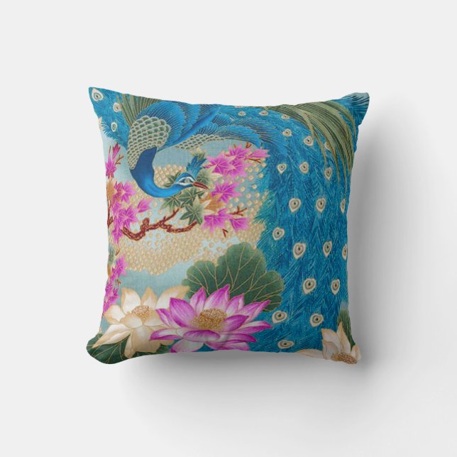 Peacock Lotus Throw Pillow (Front)