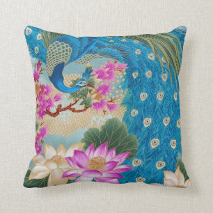Peacock Lotus Throw Pillow