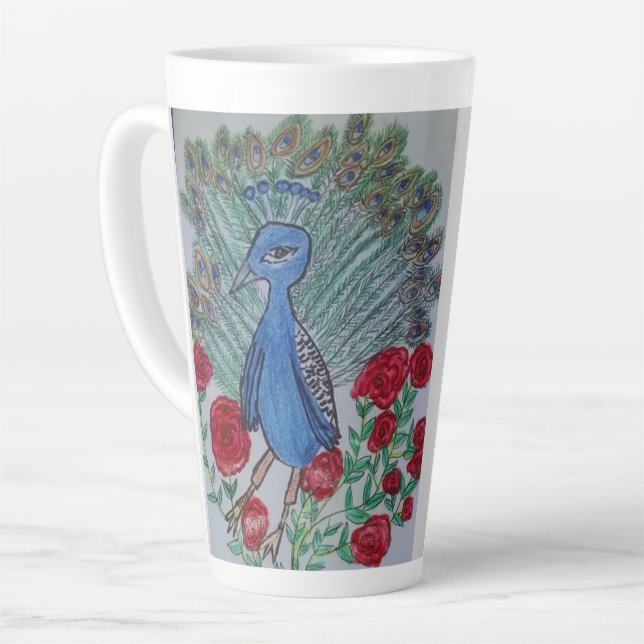 Peacock love rose drawing  latte mug (Left Angle)