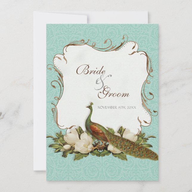 Peacock Magnolia Floral Swirl Damask Wedding Invitation (Front)