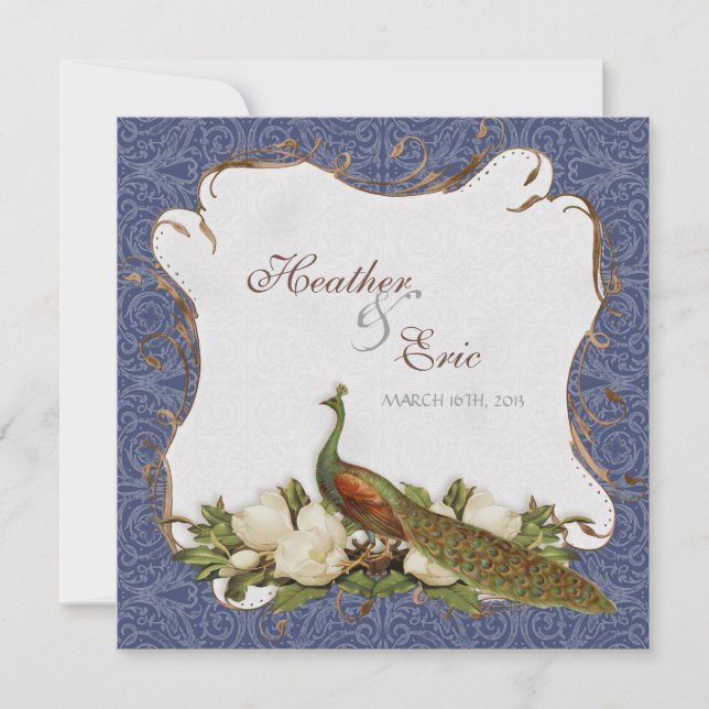 Peacock Magnolia Floral Swirl Damask Wedding Navy Invitation (Front)