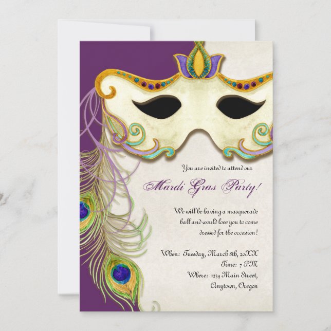 Peacock Masquerade Mask Ball - Mardi Gras Party Invitation (Front)